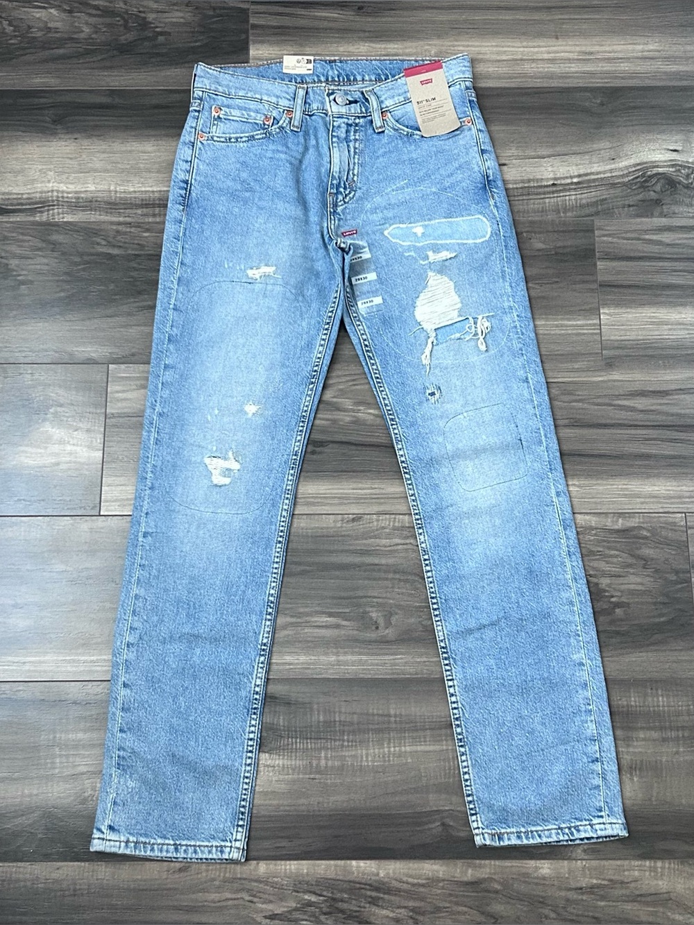 Levi's 511 Slim Fit Leg Patch Work Distressed Jeans Men’s Size 29x30 Light Wash